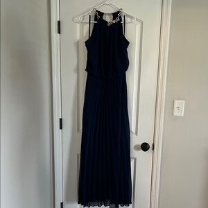 Bisou Bisou Navy Pleated Halter Maxi Dress with Chain Accent